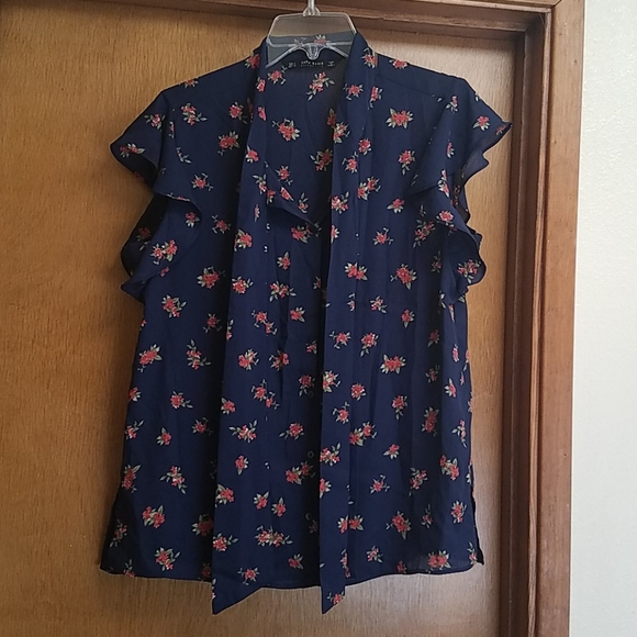 Zara Basic Blue Floral Button Down Blouse size M - Picture 2 of 8